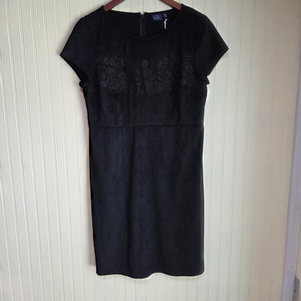 Kaari Blue Dress Womens 12 Black Faux Suede Embroidered Sheath Knee Length